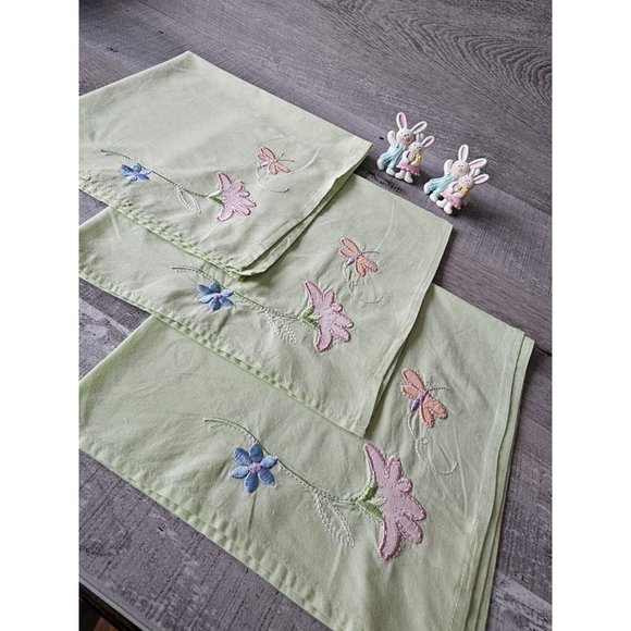 Vtg EASTER Spring Cloth Napkins & Rings Bunny Flower Set Of 3 Square 20" 1990s - Picture 9 of 15